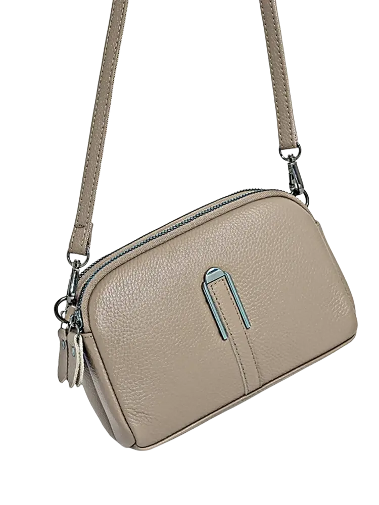 Beige genuine leather crossbody bag for women with textured finish silver-toned clasp and adjustable strap