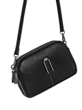 Genuine leather crossbody bag for women in black pebbled leather with silver-toned clasp and adjustable strap
