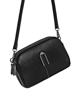 Genuine leather crossbody bag for women in black pebbled leather with silver-toned clasp and adjustable strap