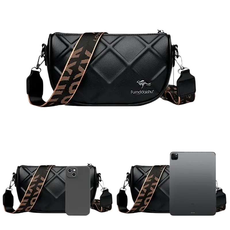 Genuine leather crossbody bag for women in black quilted design with love patterned strap and kangaroo logo pocket interior