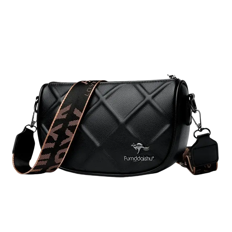 Genuine leather crossbody bag for women in black with quilted design and brown black patterned strap by fumddaishu featuring pocket interior