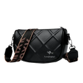 Genuine leather crossbody bag for women in black with quilted design and brown black patterned strap by fumddaishu featuring pocket interior