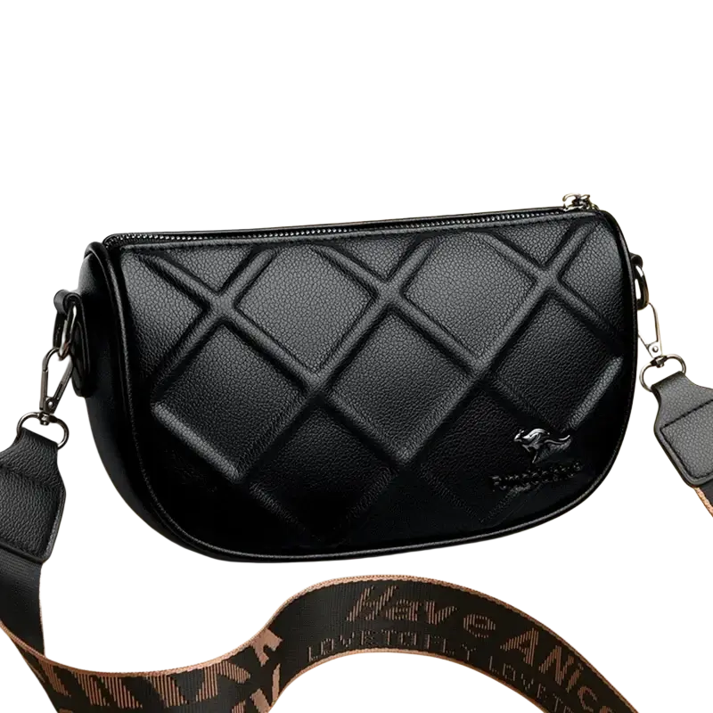 Black genuine leather crossbody bag for women with quilted design pocket interior and subtle embossed logo on front