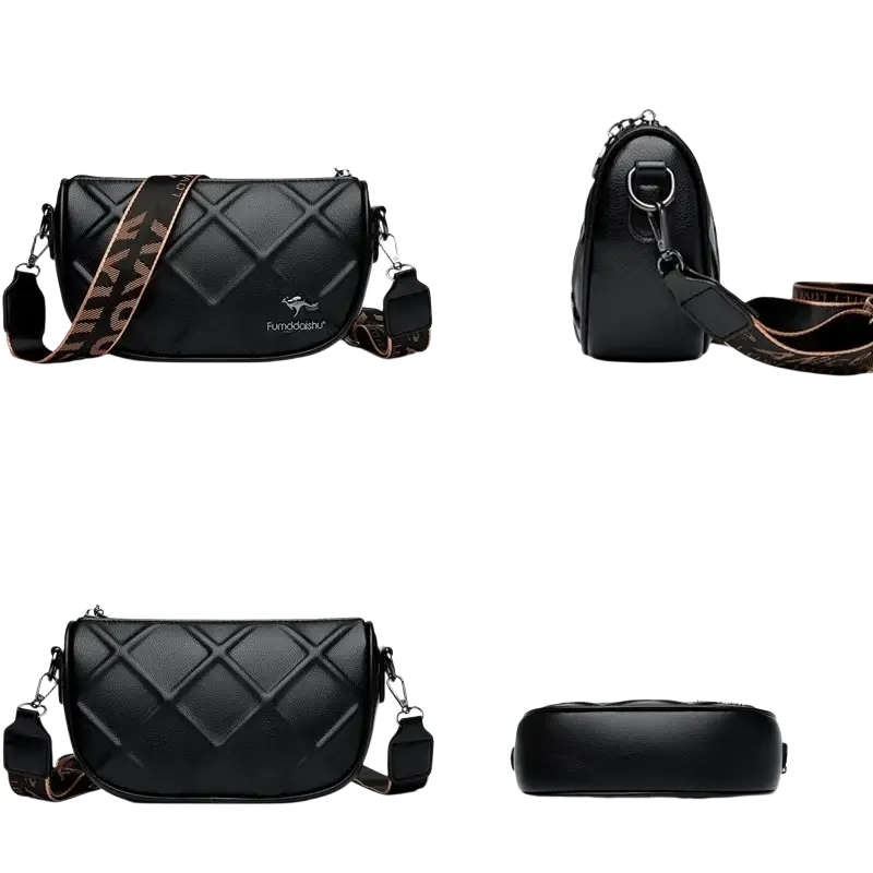 Black genuine leather quilted crossbody bag for women with brown and black patterned strap and pocket interior