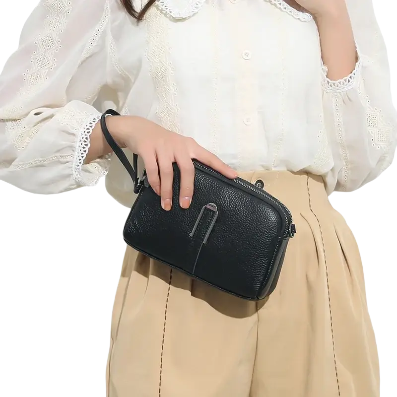 Black textured genuine leather crossbody camera bag for women with silver-toned clasp and wrist strap