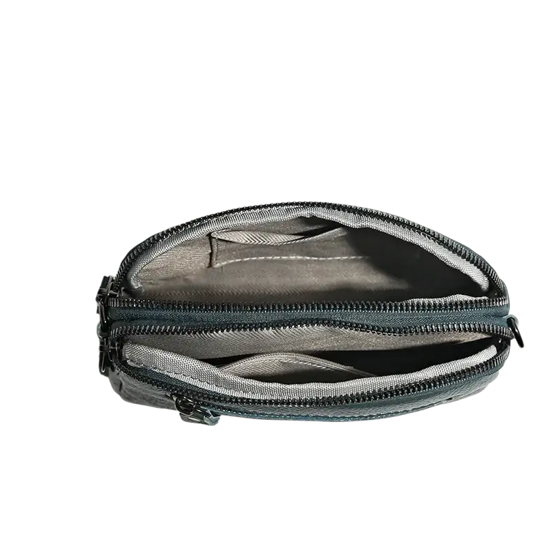 Dark teal genuine leather crossbody bag for women with dual zippers and gray interior lining