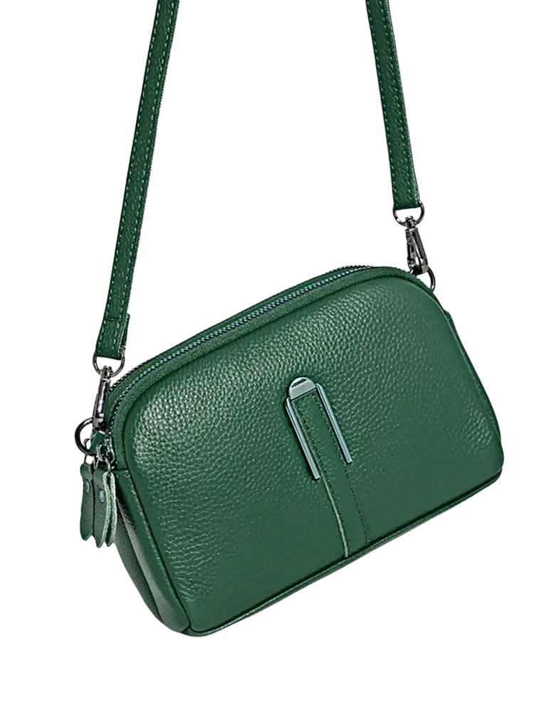 Genuine leather crossbody bag for women in green pebbled leather with silver-toned clasp and adjustable strap