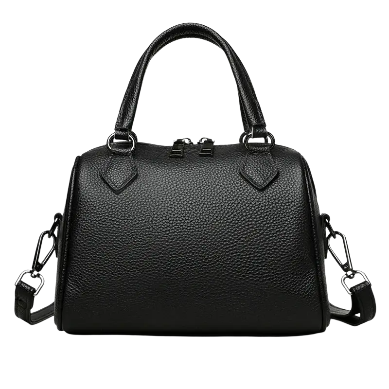 Black genuine leather crossbody bag with pebbled texture, top handles, and detachable shoulder strap for women luxury tote