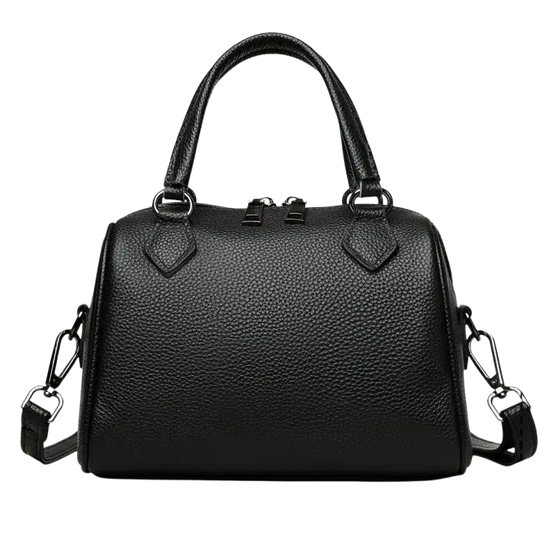 Black genuine leather crossbody bag with pebbled texture top handles and detachable shoulder strap luxury tote