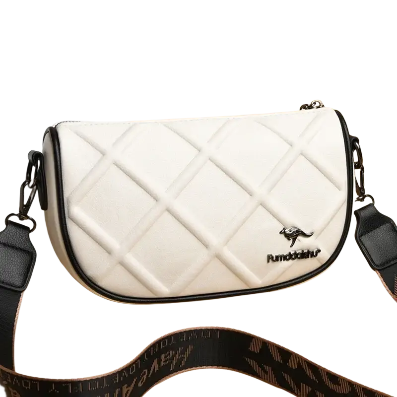 White quilted genuine leather crossbody bag with black trim and kangaroo logo featuring a pocket interior for women