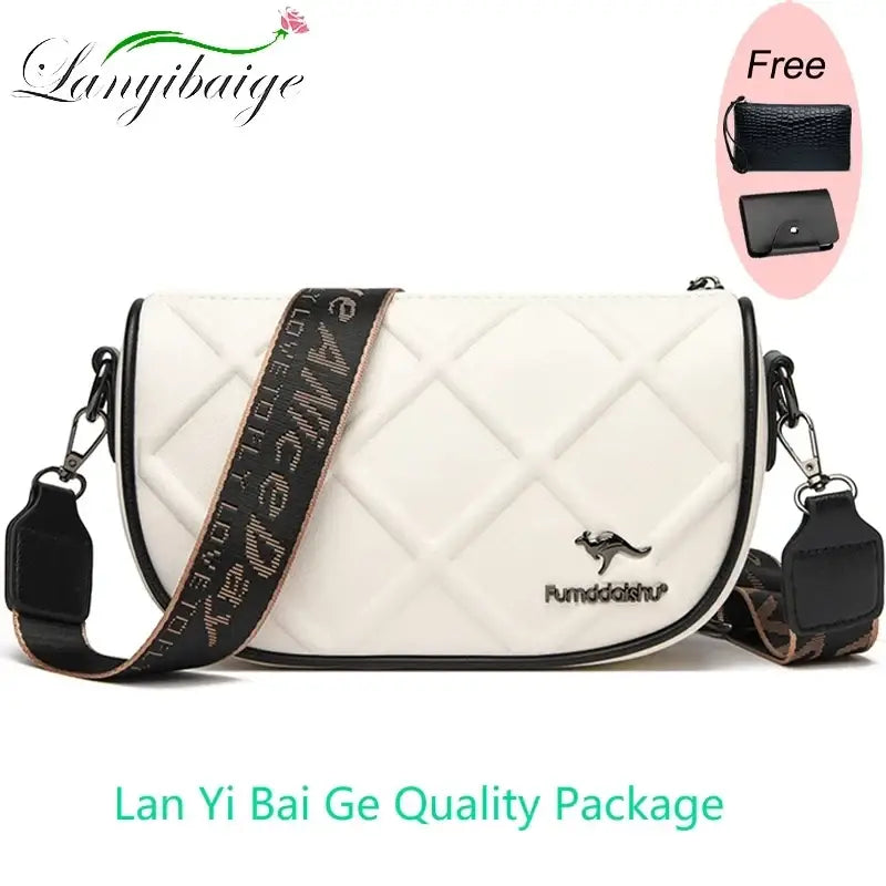 Genuine leather white quilted crossbody bag with black trim, kangaroo logo, adjustable strap, and pocket interior for women