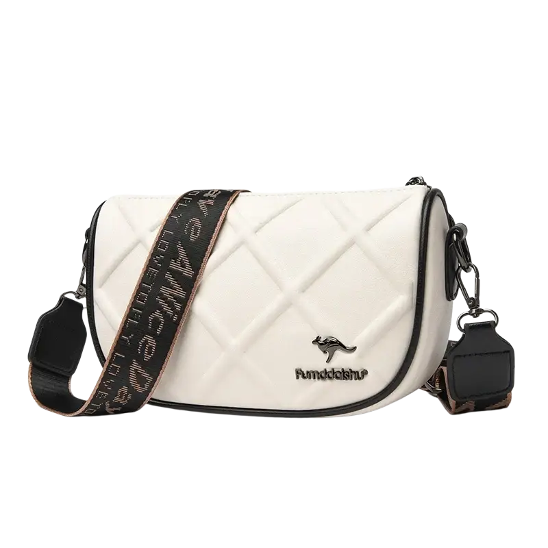 Genuine leather crossbody bag for women in white quilted leather with black trim and kangaroo logo featuring pocket interior