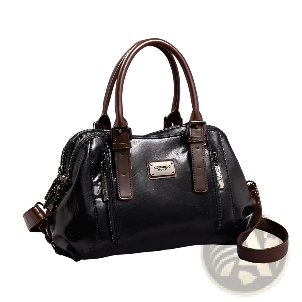 Genuine leather crossbody handbag in black with brown handles and metallic plaque vintage tote bag design