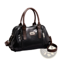 Genuine leather crossbody handbag in black with brown handles and metallic plaque vintage tote bag design