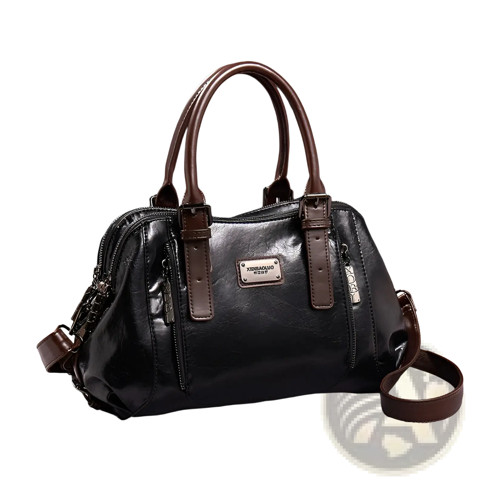 Genuine leather crossbody handbag in black with brown handles and metallic plaque vintage tote bag design