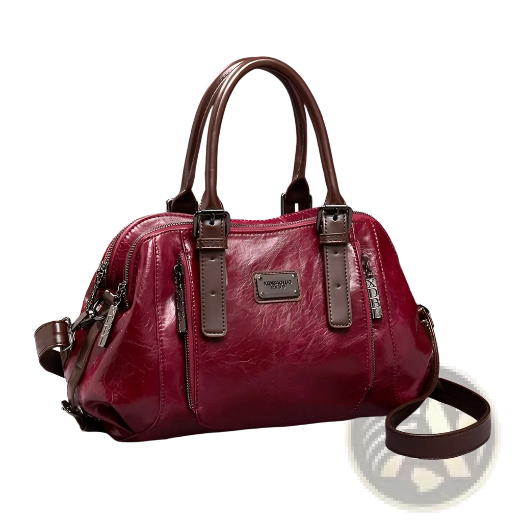A genuine leather crossbody handbag in glossy burgundy with brown handles featuring vintage zippers and metal accents