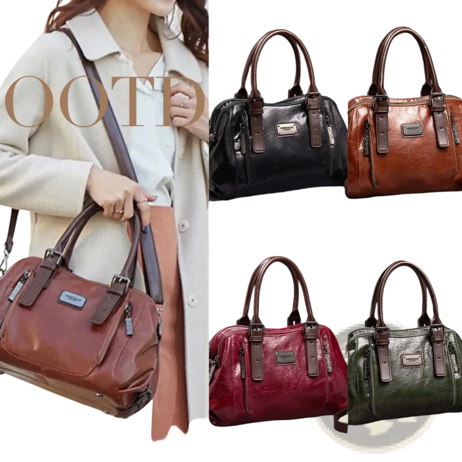 Genuine leather crossbody handbag in brown with dark brown straps and metallic hardware vintage tote bag design
