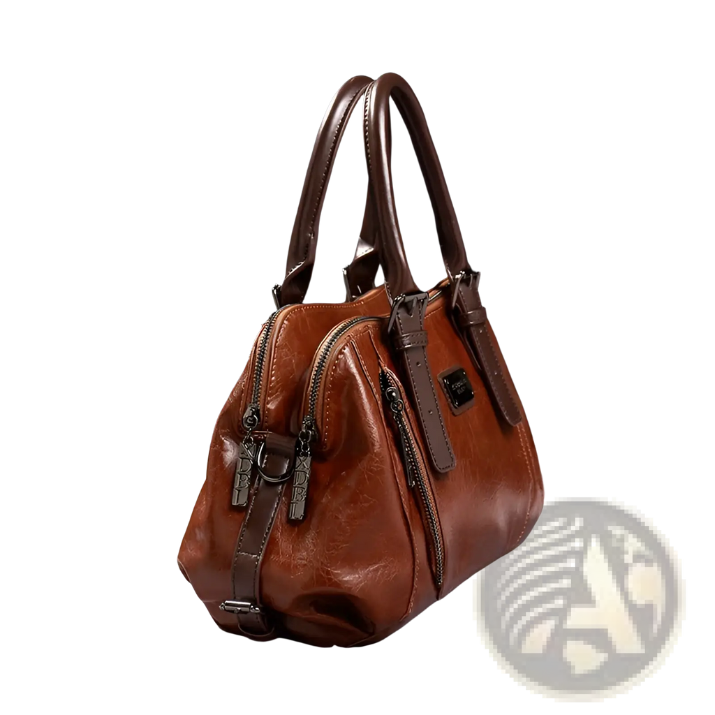 Genuine leather crossbody handbag in brown with dark brown handles textured surface and metallic hardware accents