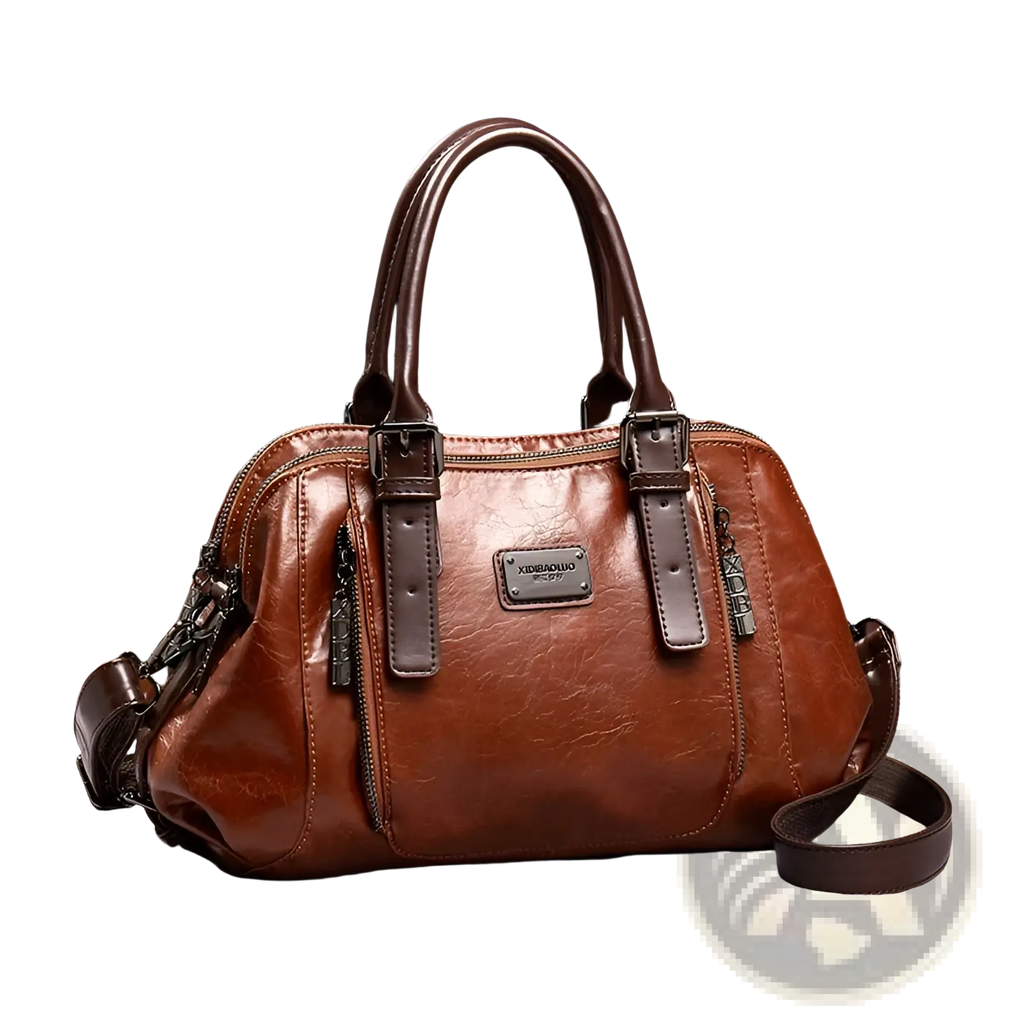 Brown genuine leather crossbody handbag with structured design dual top handles and detachable shoulder strap vintage tote bag