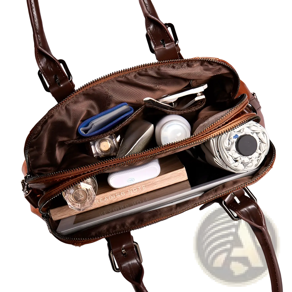 Brown genuine leather crossbody handbag with multiple compartments filled with tablet books cosmetics and umbrella