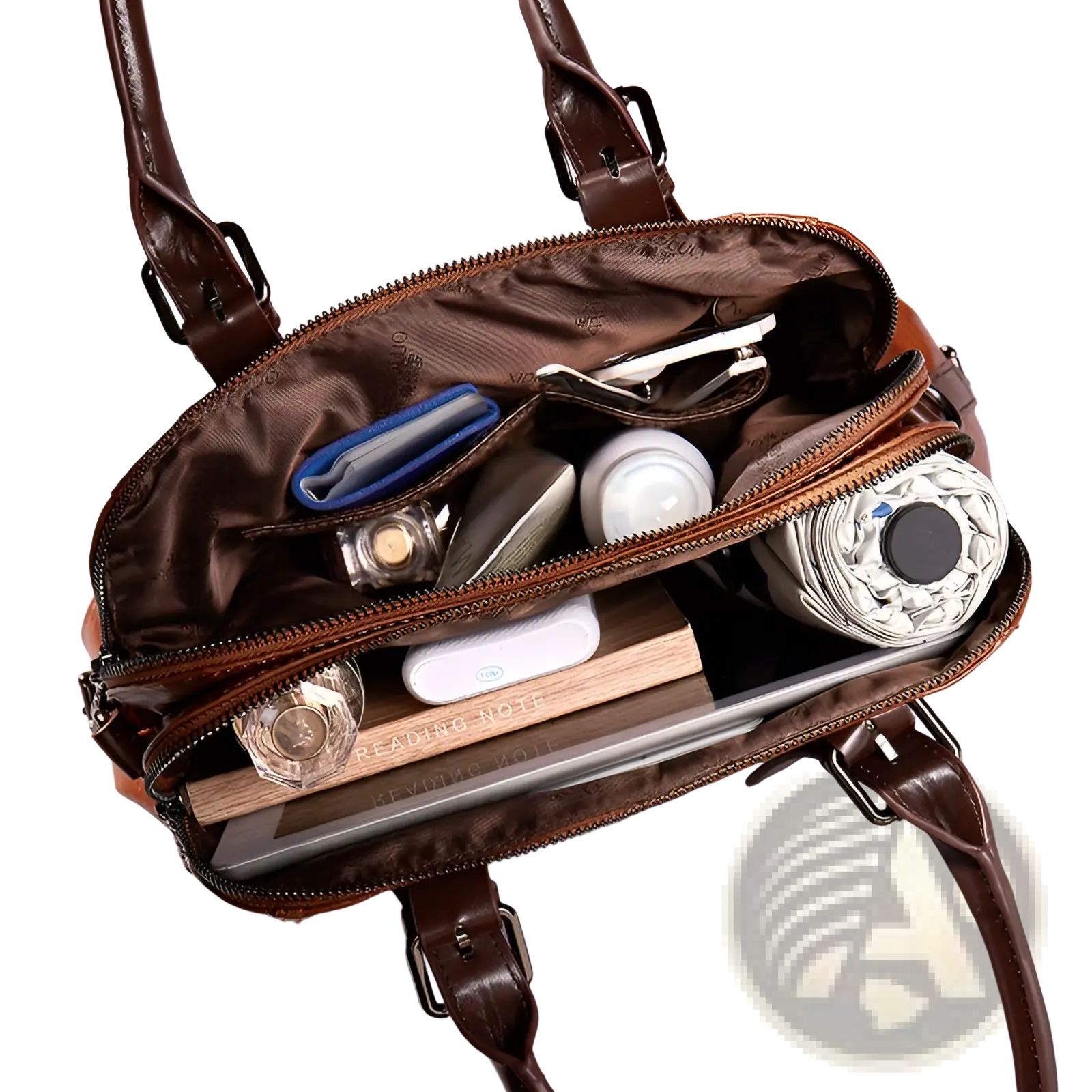 Brown genuine leather crossbody handbag with multiple compartments filled with tablet books cosmetics and umbrella