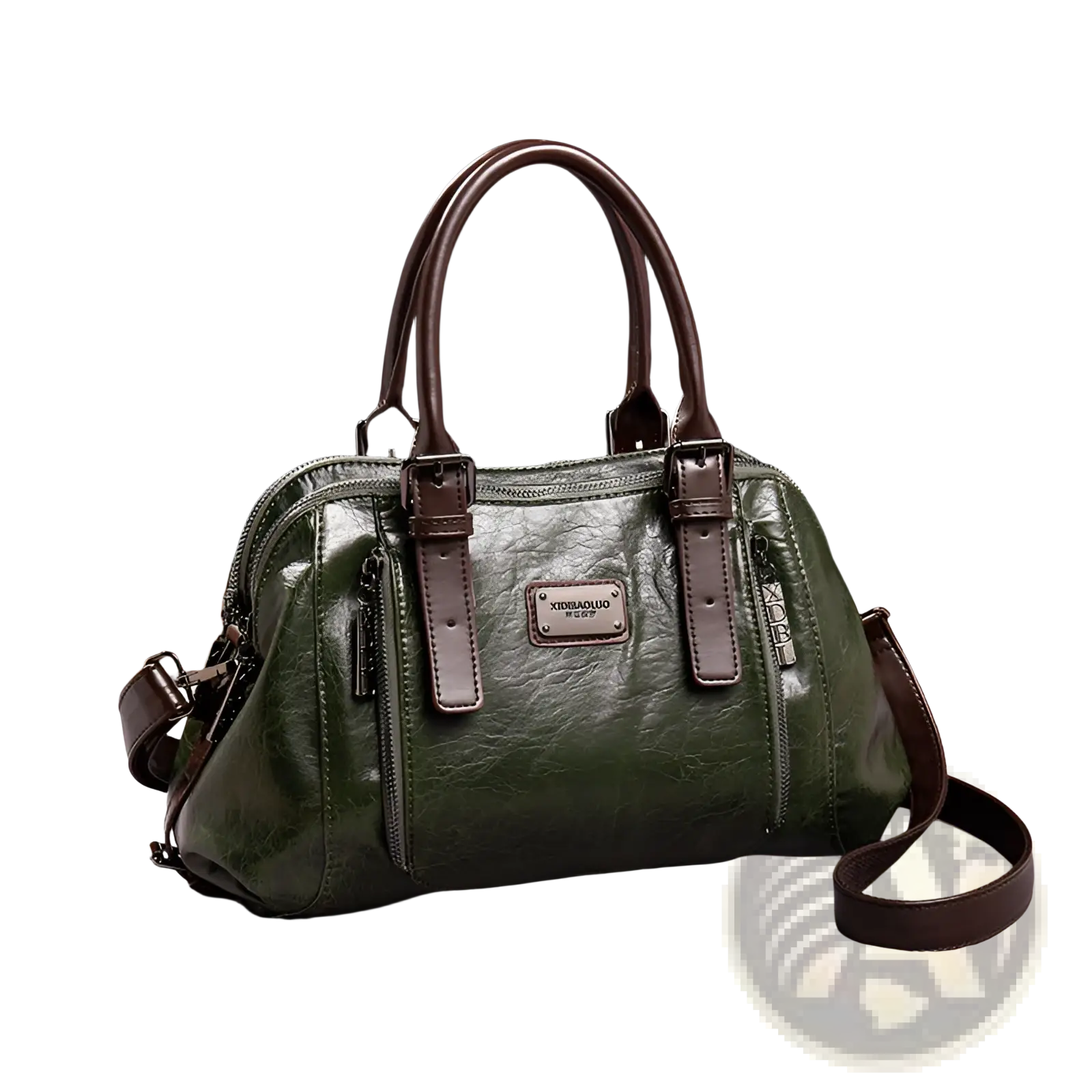 Olive green faux leather vintage tote handbag with brown handles multiple zippers and front metal plaque