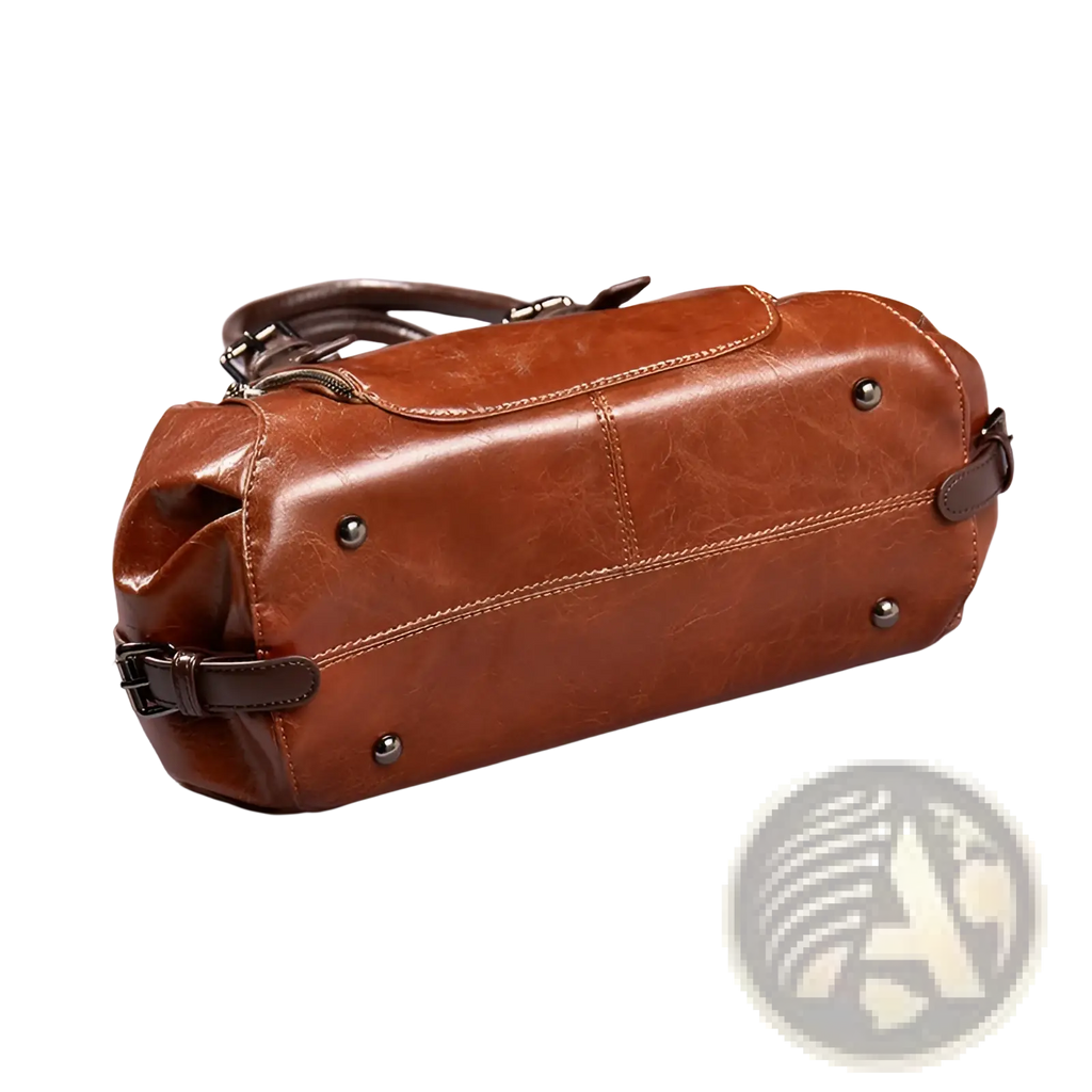 Genuine leather crossbody handbag vintage tote bag in brown with textured surface reinforced stitching and metallic hardware accents