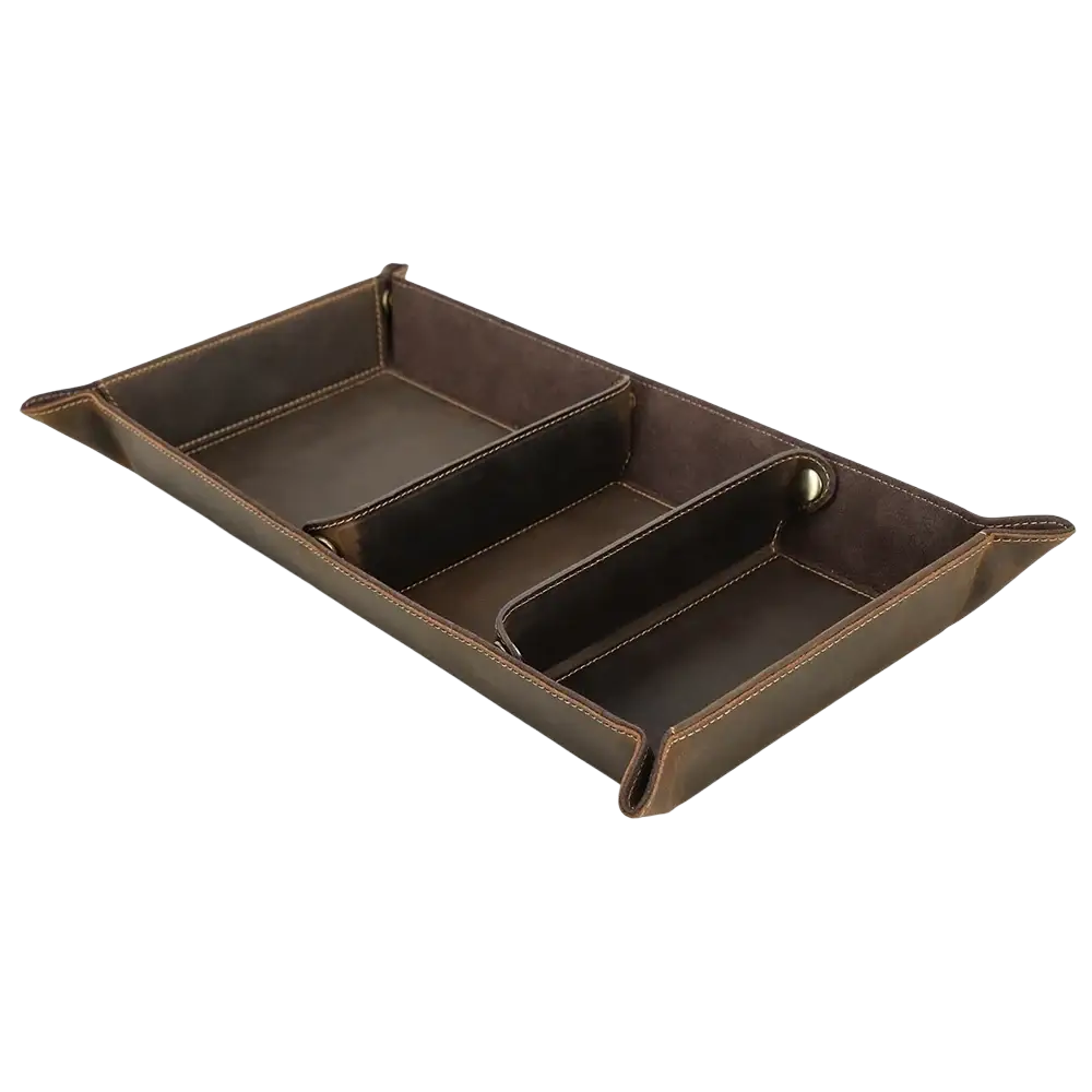 Genuine leather desktop organizer tray in brown with three compartments and visible stitching for desk use