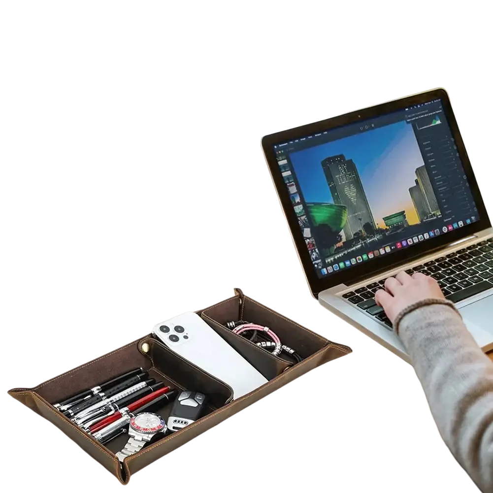 Brown leather rectangular desktop organizer tray with compartments made of genuine leather for office use