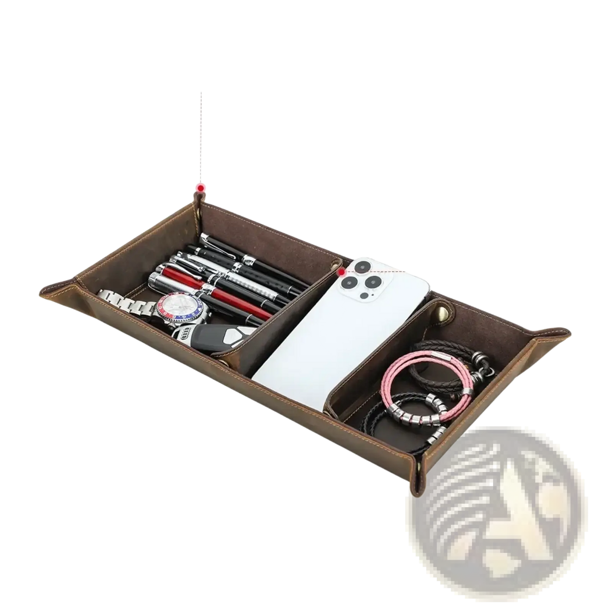 Genuine leather desktop organizer tray in brown with three compartments and snap button closure for tidy storage