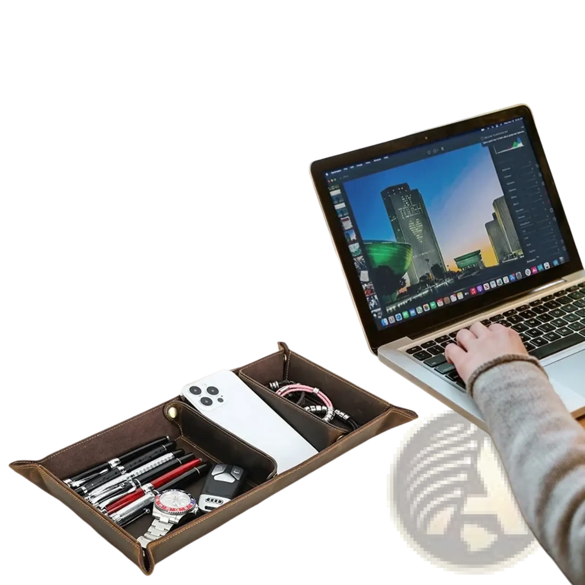Brown leather rectangular desktop organizer tray with compartments made of genuine leather for office use