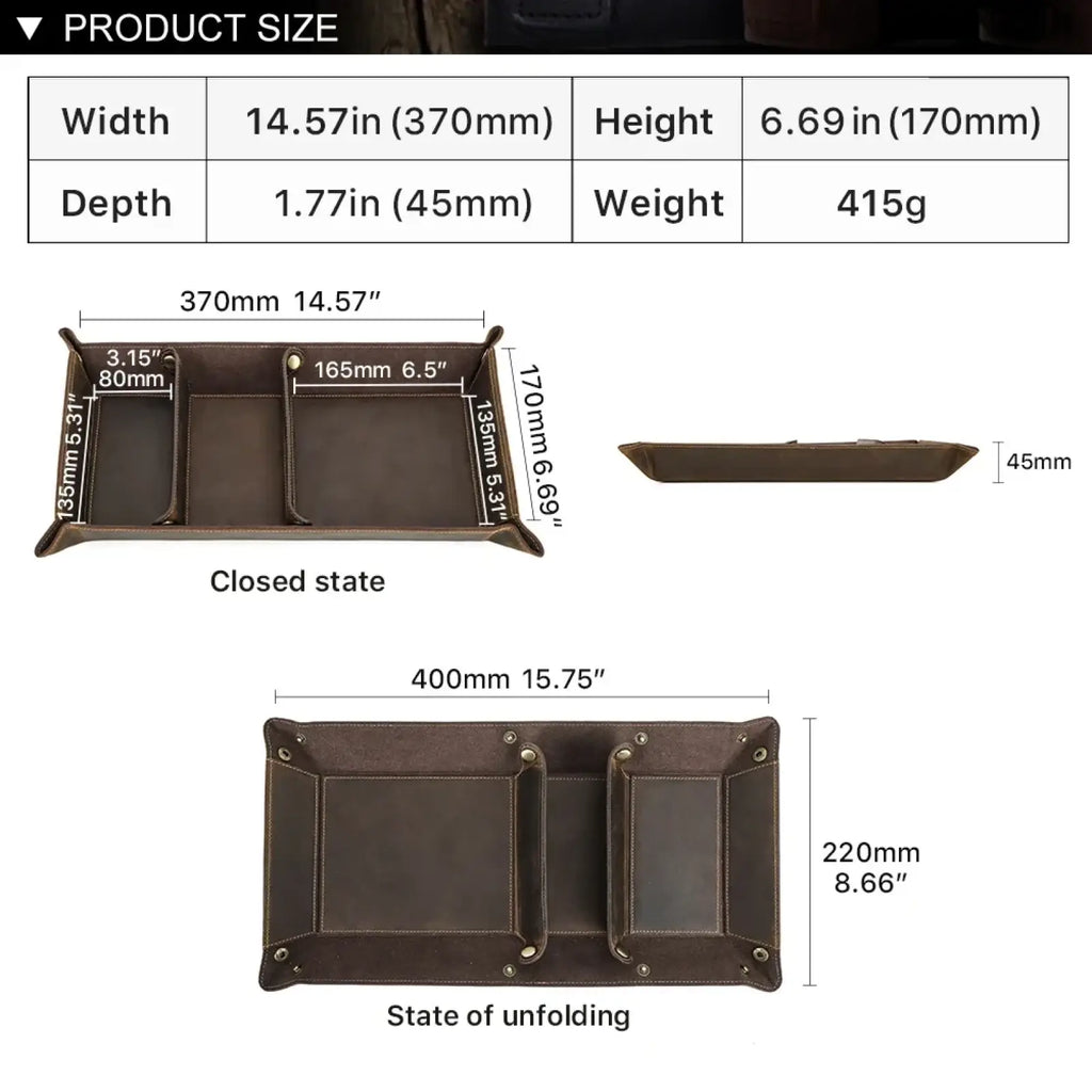 Brown genuine leather desktop organizer tray with three compartments for organizing small items