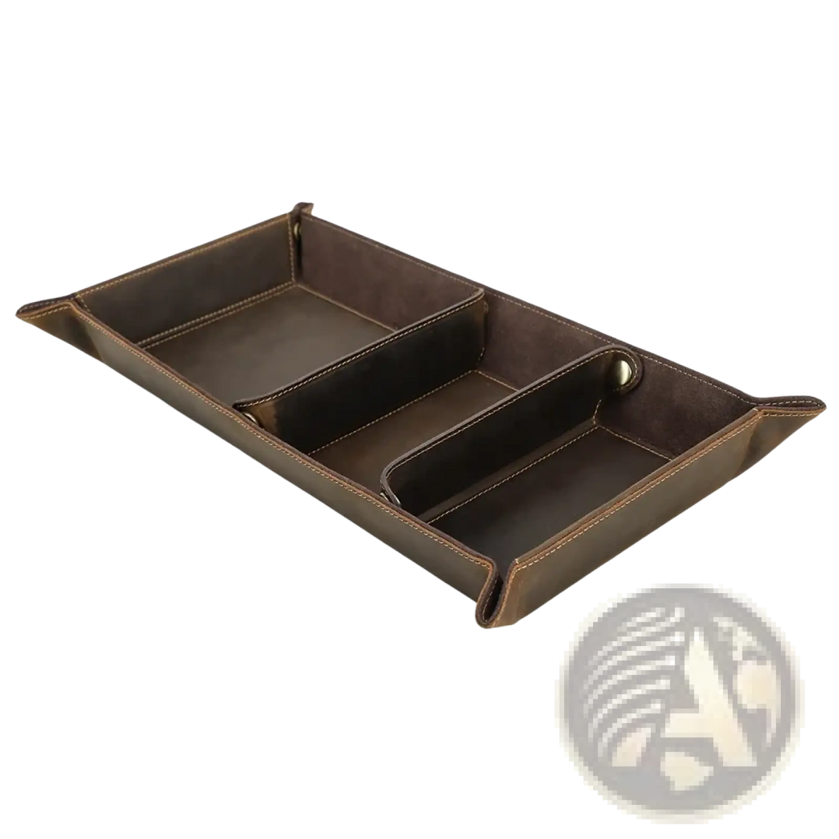 Genuine leather desktop organizer tray in brown with three compartments and visible stitching for desk use