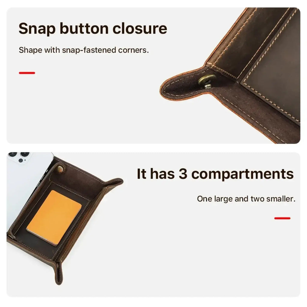 Dark brown genuine leather desktop organizer tray with snap button closure and three compartments for storage