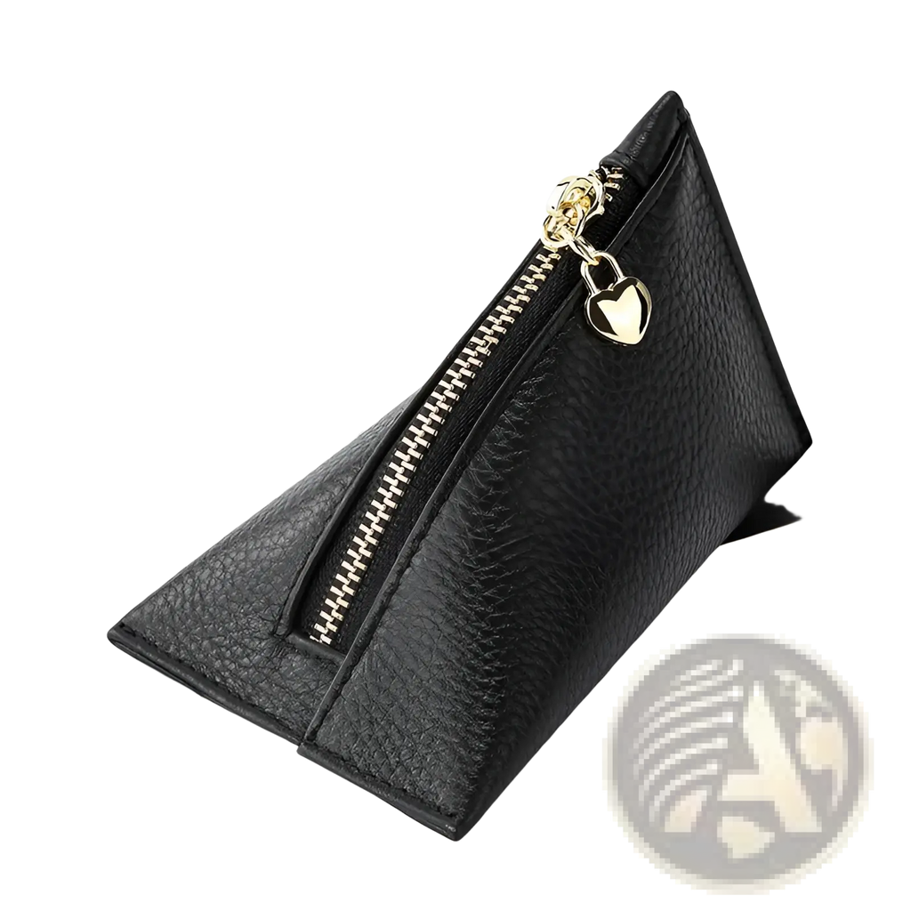 Black genuine leather mini coin purse with gold-tone heart-shaped zipper pull and textured finish