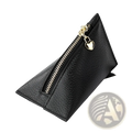 Black genuine leather mini coin purse with gold-tone heart-shaped zipper pull and textured finish