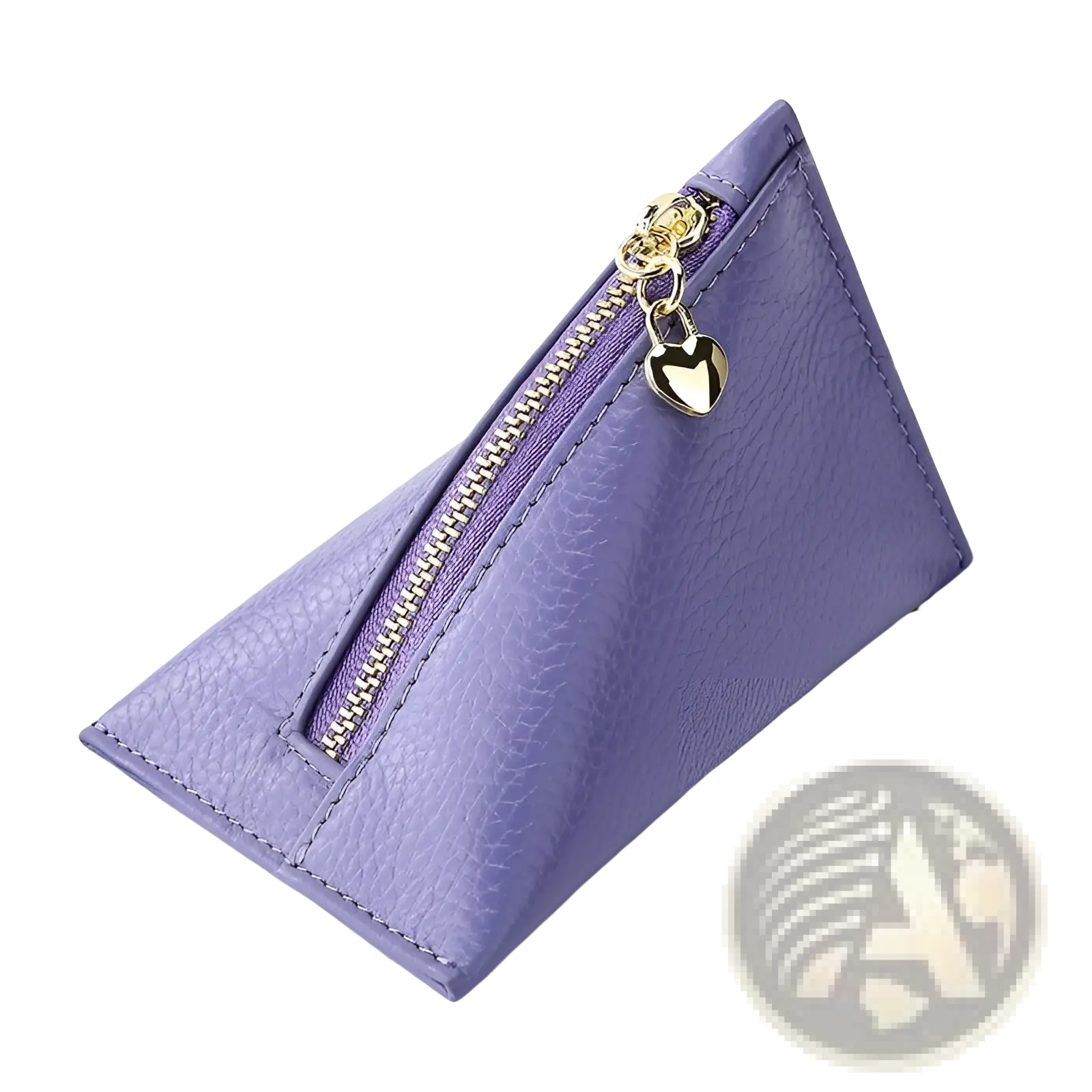 Purple triangular mini coin purse made of genuine leather with a gold-tone zipper and heart-shaped charm