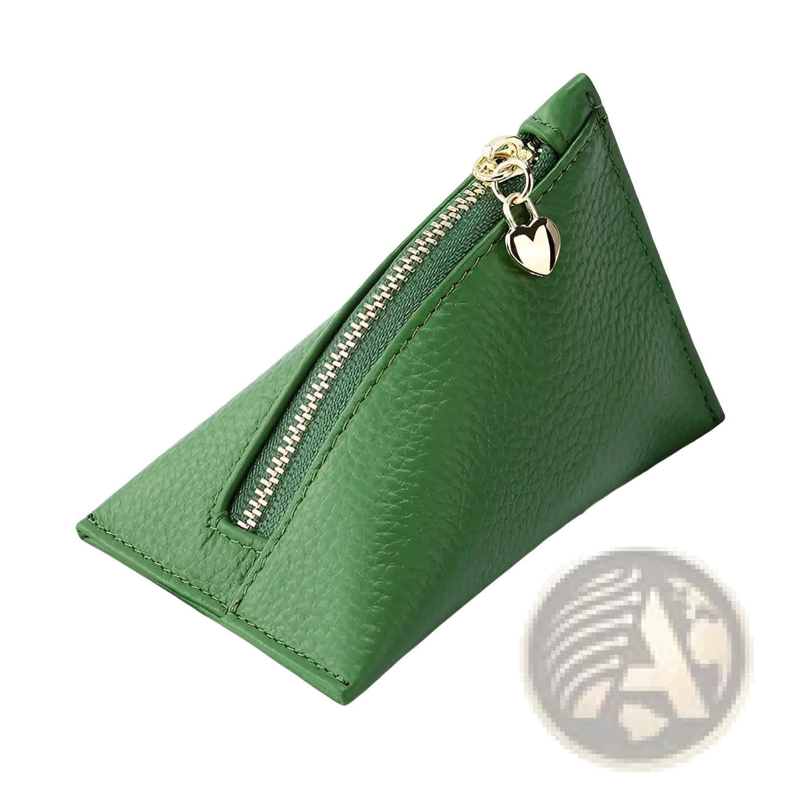 Green triangular genuine leather mini coin purse with a gold heart-shaped zipper pull and charm detail