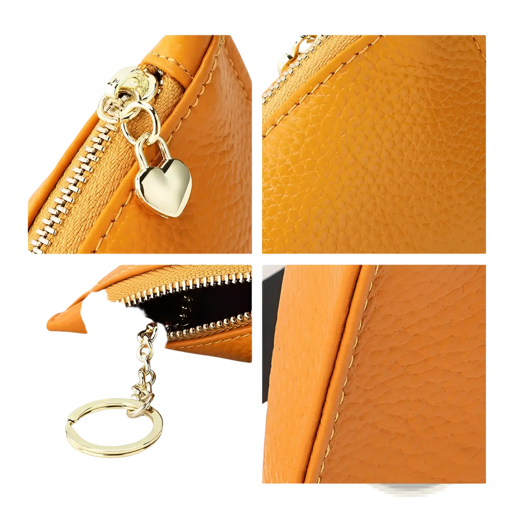 Genuine leather heart charm mini coin purse in orange textured leather with gold-tone zipper and heart-shaped lock charm