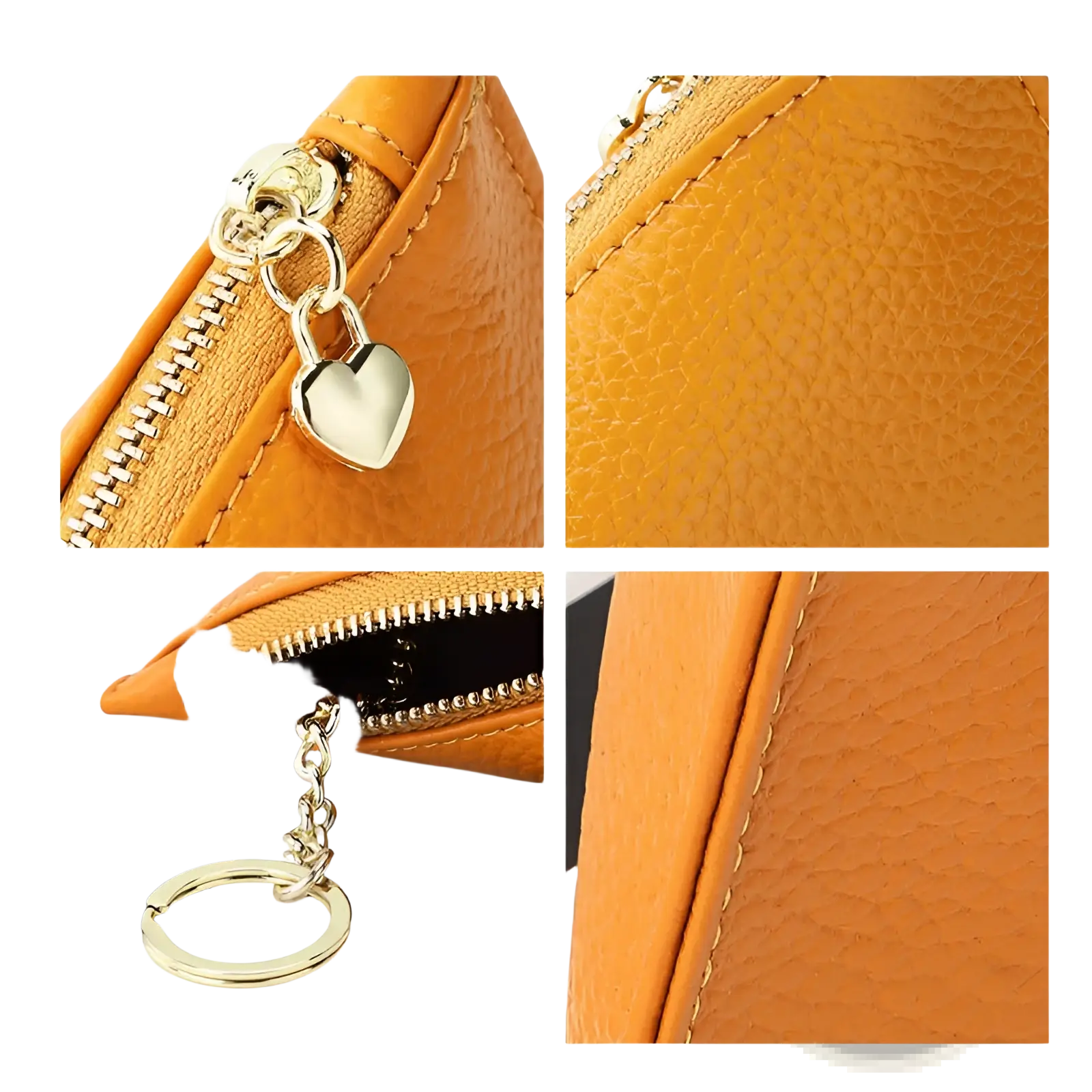 Genuine leather heart charm mini coin purse in orange textured leather with gold-tone zipper and heart-shaped lock charm