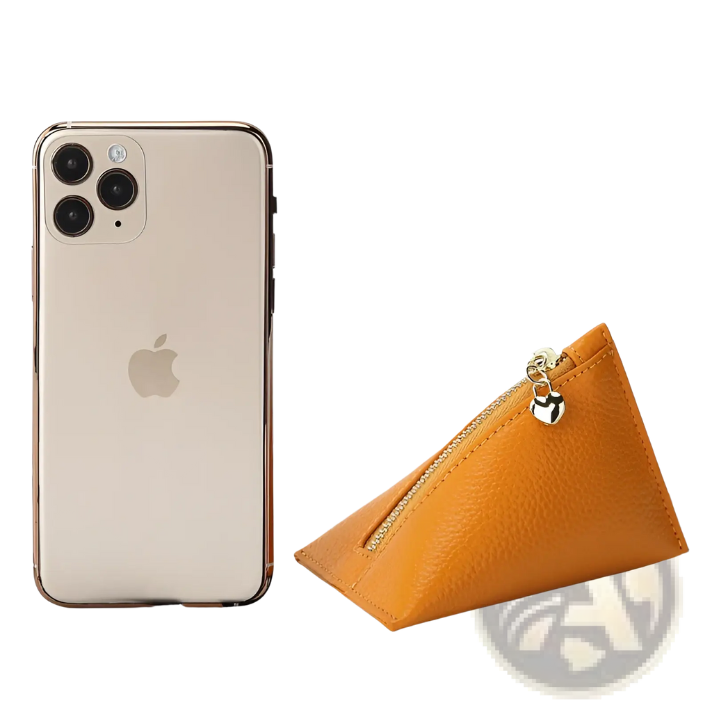 Orange genuine leather heart charm mini coin purse with gold zipper and heart-shaped pull tab