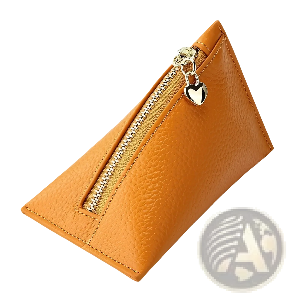 A tan genuine leather triangular mini coin purse with a silver zipper and heart-shaped charm
