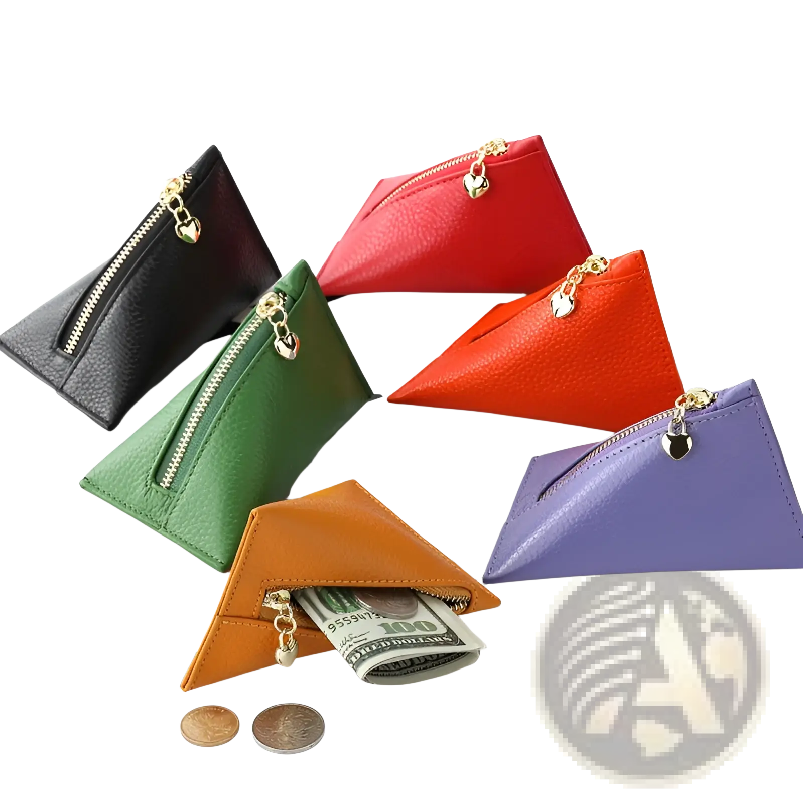 Genuine leather heart charm mini coin purses in vibrant black red green orange and purple with gold zipper