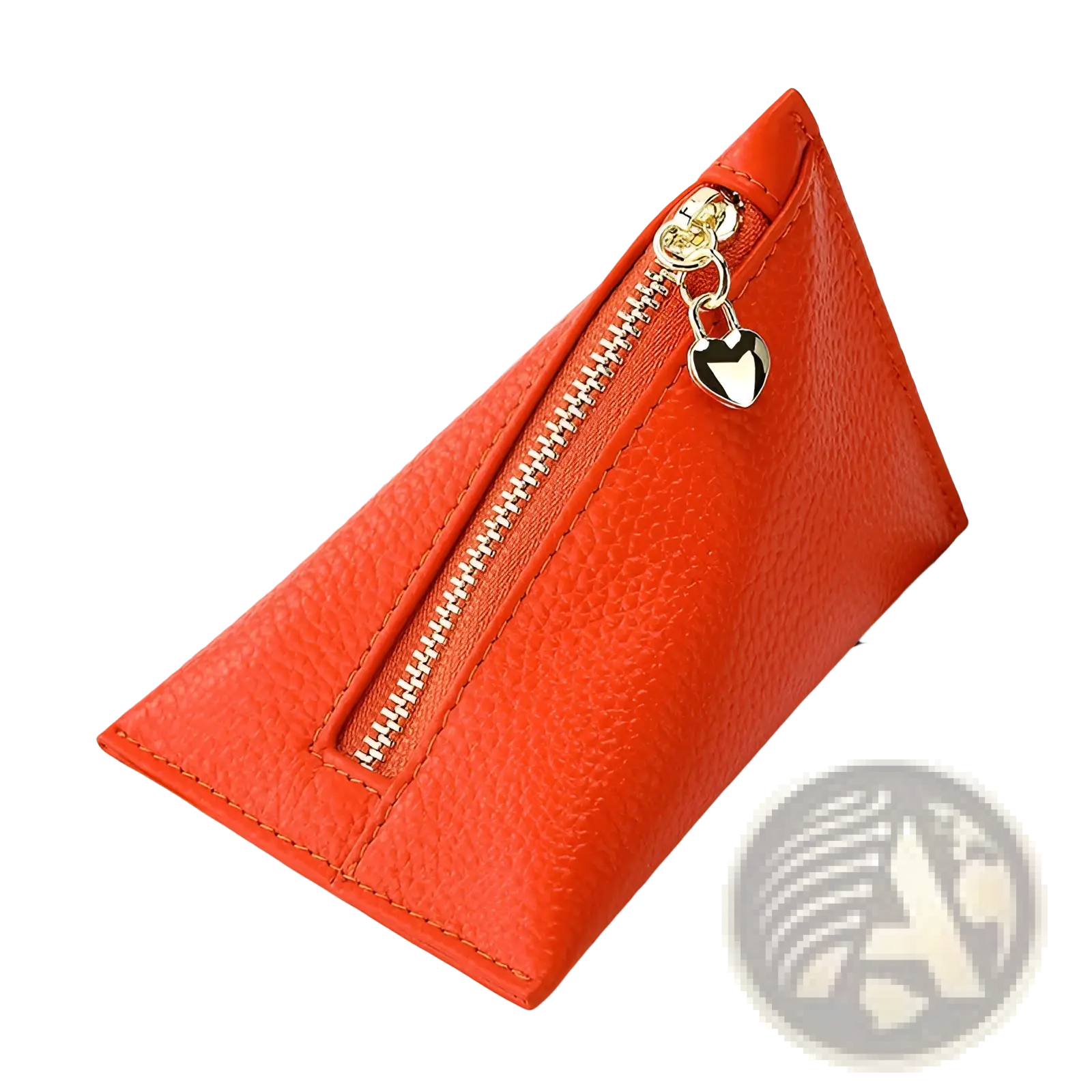 Genuine leather mini coin purse in vibrant orange with textured triangular design gold-tone zipper and heart charm