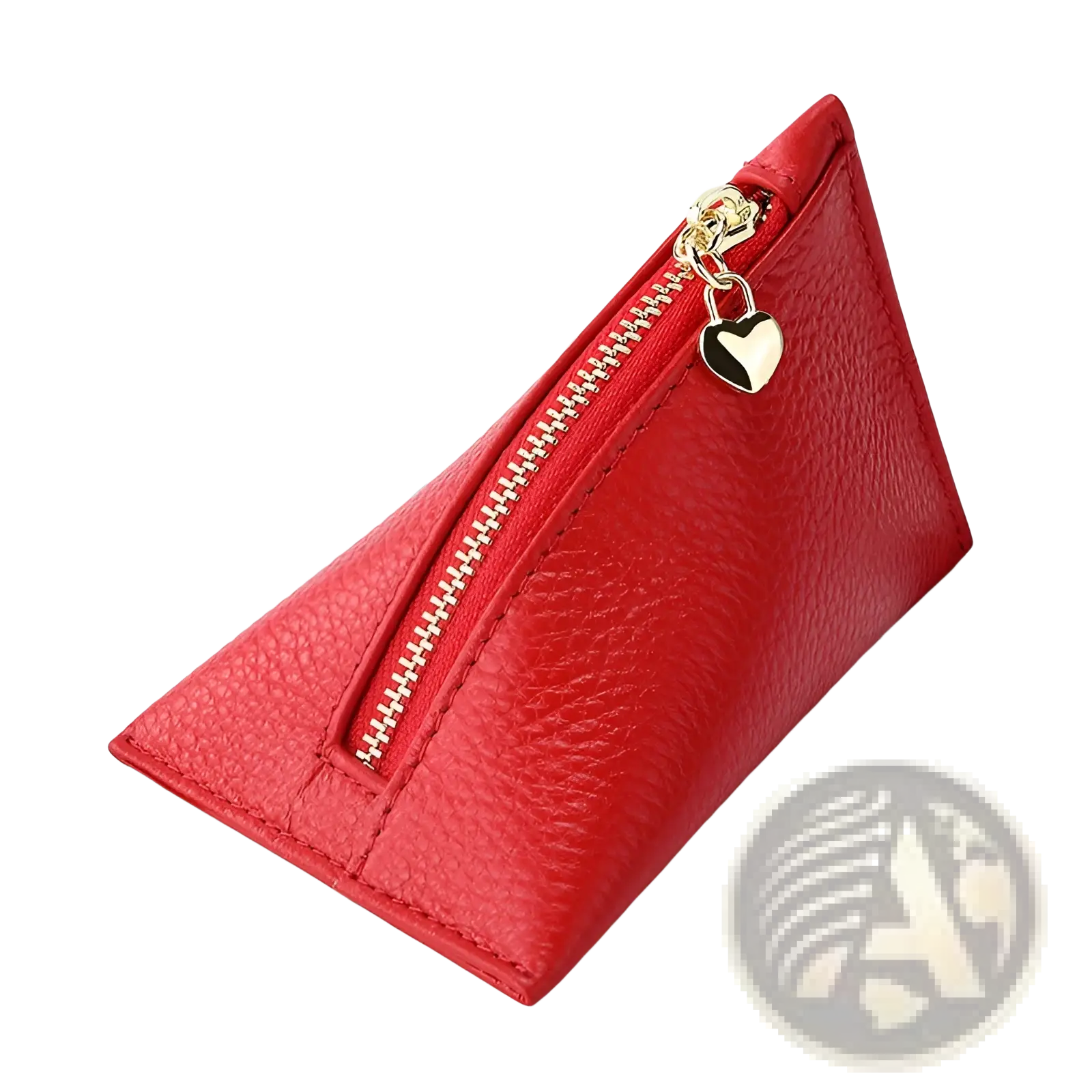 Red triangular genuine leather mini coin purse with textured surface gold zipper and heart-shaped charm