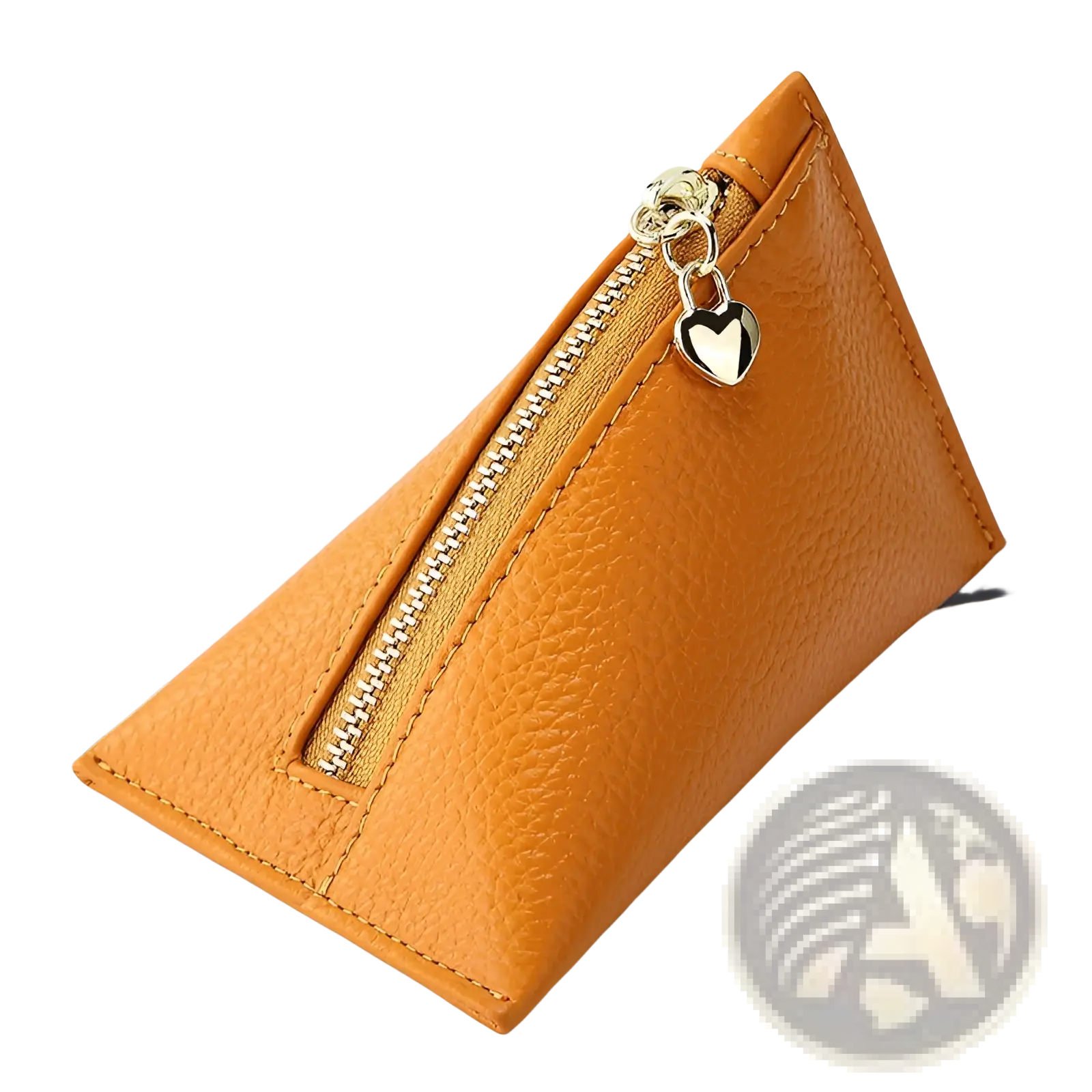 A tan genuine leather triangular mini coin purse with gold zipper and heart-shaped charm