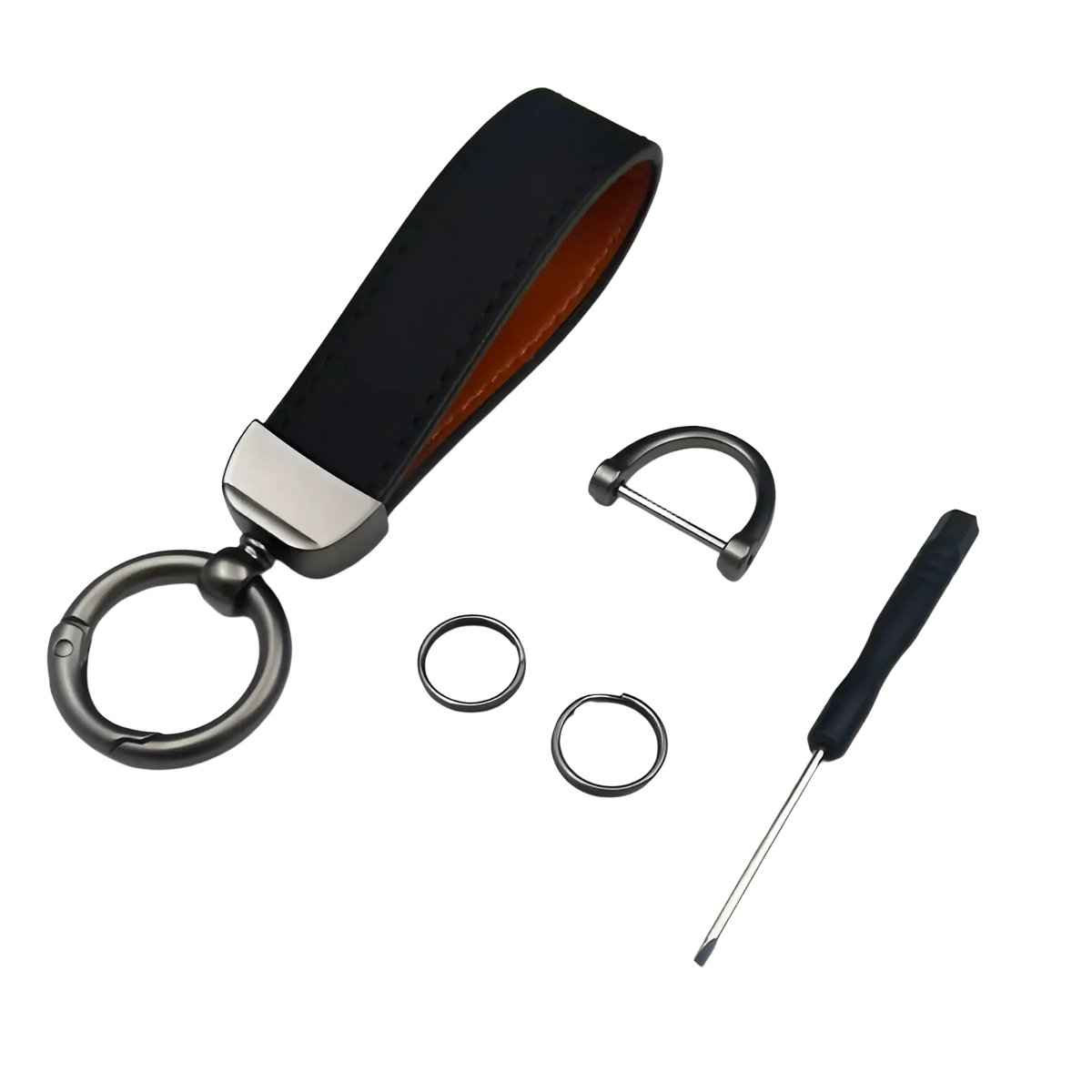 Genuine leather keychain 5-pack featuring black leather with orange lining and silver-toned metal ring and clasp