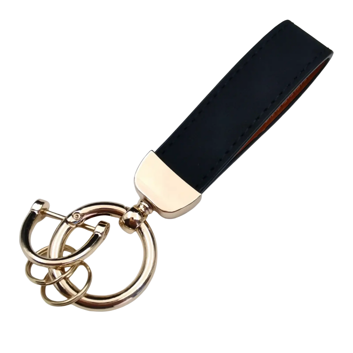 Black leather genuine leather keychain with gold-tone metal rings and polished brass clasp for car keys
