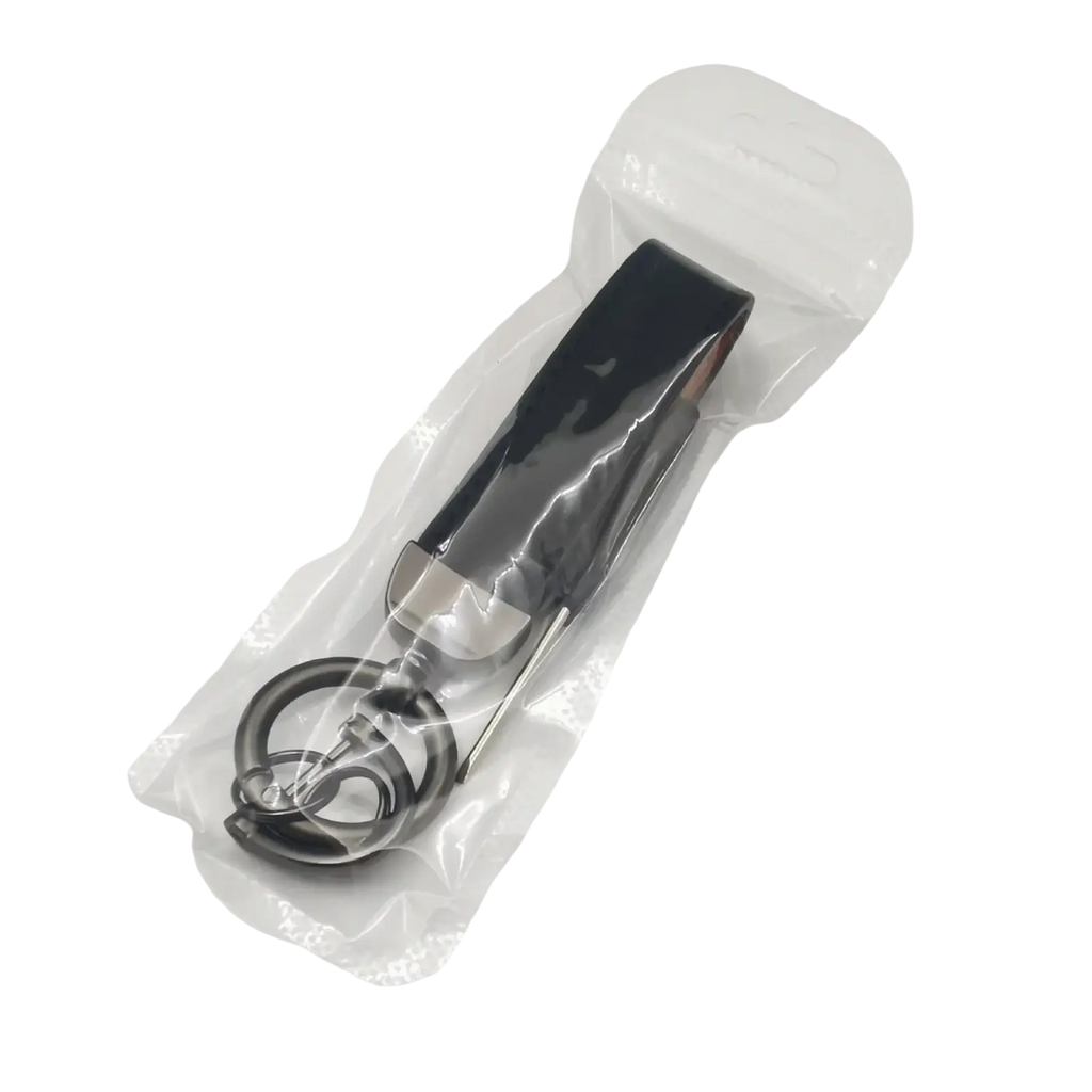 Black genuine leather keychain with silver-toned metal ring and clasp for car keys in 5-pack set
