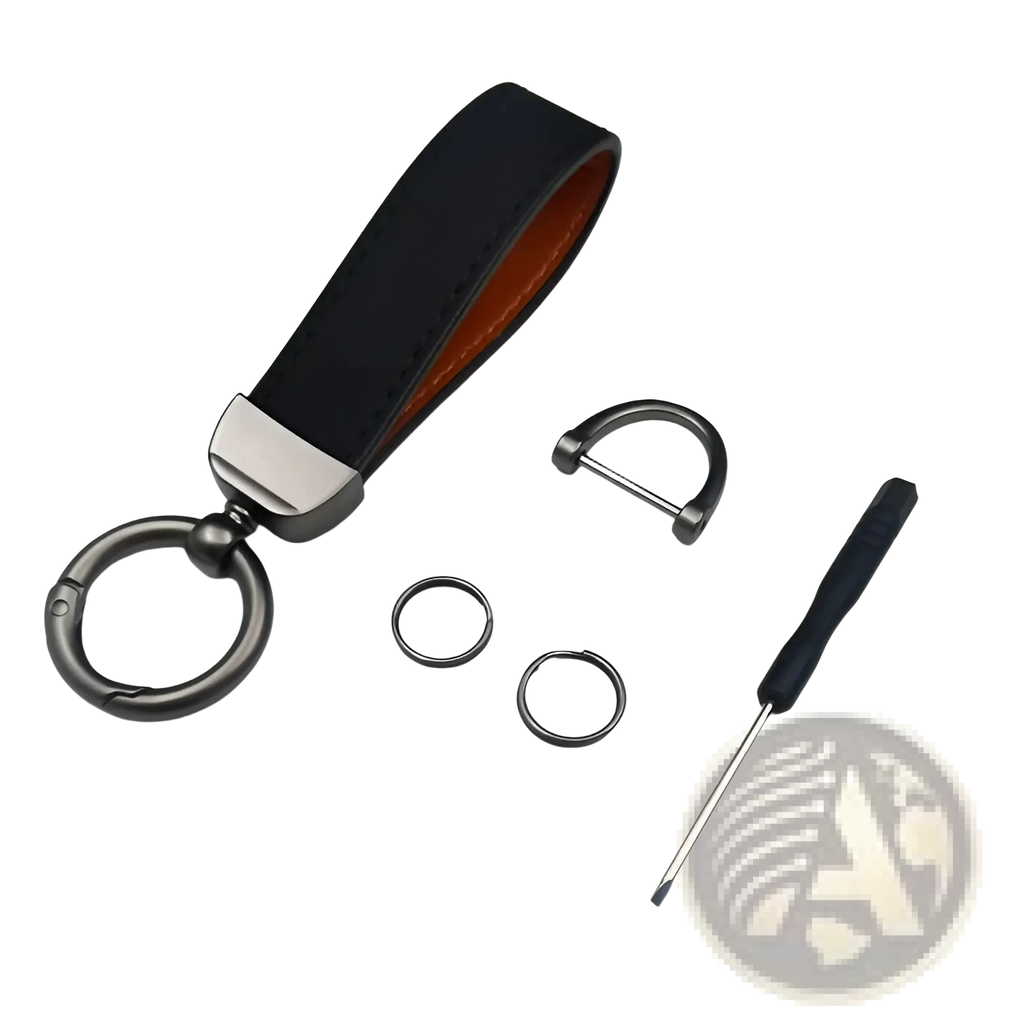 Genuine leather keychain 5-pack featuring black leather with orange lining and silver-toned metal ring and clasp